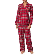 Lauren Ralph Lauren Petite Size Plaid Long Sleeve Notch Collar Woven Brushed Twill Holiday Pajama Set