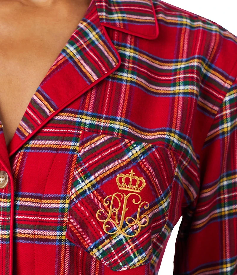 Lauren Ralph Lauren Petite Size Plaid Long Sleeve Notch Collar Woven Brushed Twill Holiday Pajama Set