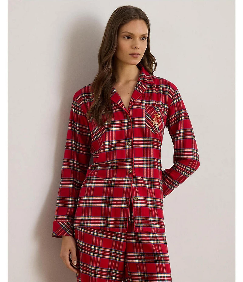 Lauren Ralph Lauren Petite Size Plaid Long Sleeve Notch Collar Woven Brushed Twill Holiday Pajama Set