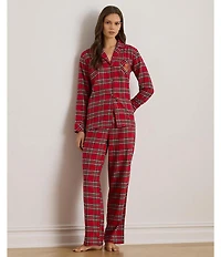 Lauren Ralph Lauren Petite Size Plaid Long Sleeve Notch Collar Woven Brushed Twill Holiday Pajama Set