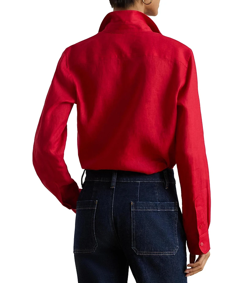 Lauren Ralph Lauren Petite Size Point Collar Long Roll-Tab Sleeve Button-Front Linen Shirt