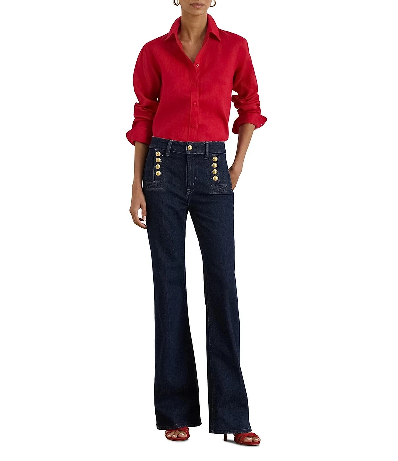 Lauren Ralph Lauren Petite Size Point Collar Long Roll-Tab Sleeve Button-Front Linen Shirt