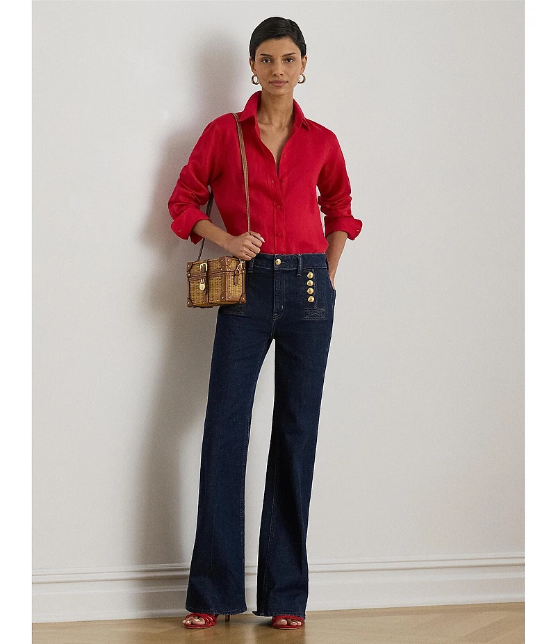 Lauren Ralph Lauren Petite Size Point Collar Long Roll-Tab Sleeve Button-Front Linen Shirt