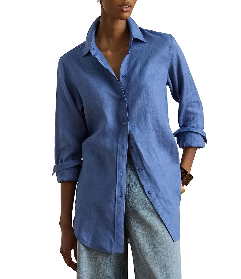 Lauren Ralph Lauren Petite Size Point Collar Long Roll-Tab Sleeve Button Front Linen Shirt