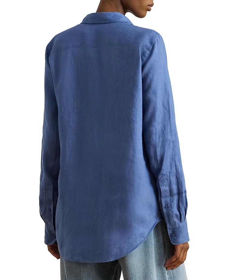Lauren Ralph Lauren Petite Size Point Collar Long Roll-Tab Sleeve Button Front Linen Shirt