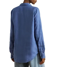 Lauren Ralph Lauren Petite Size Point Collar Long Roll-Tab Sleeve Button Front Linen Shirt