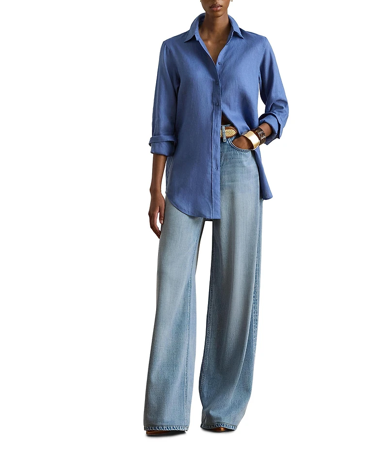 Lauren Ralph Lauren Petite Size Point Collar Long Roll-Tab Sleeve Button Front Linen Shirt