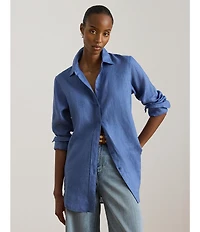Lauren Ralph Lauren Petite Size Point Collar Long Roll-Tab Sleeve Button Front Linen Shirt