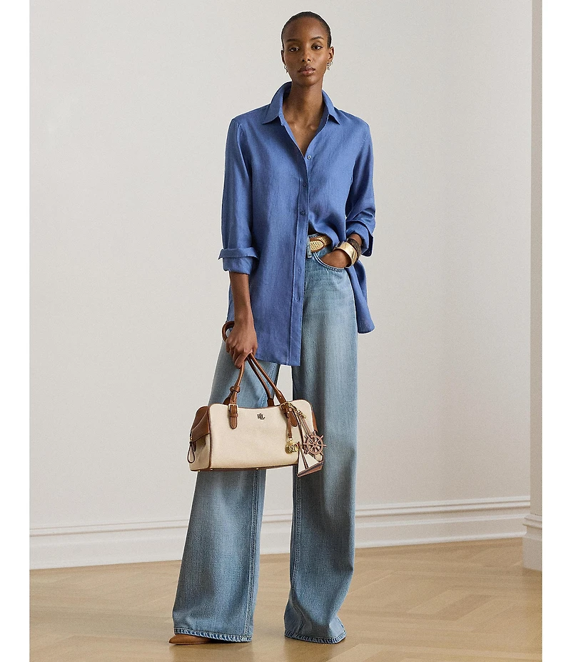 Lauren Ralph Lauren Petite Size Point Collar Long Roll-Tab Sleeve Button Front Linen Shirt