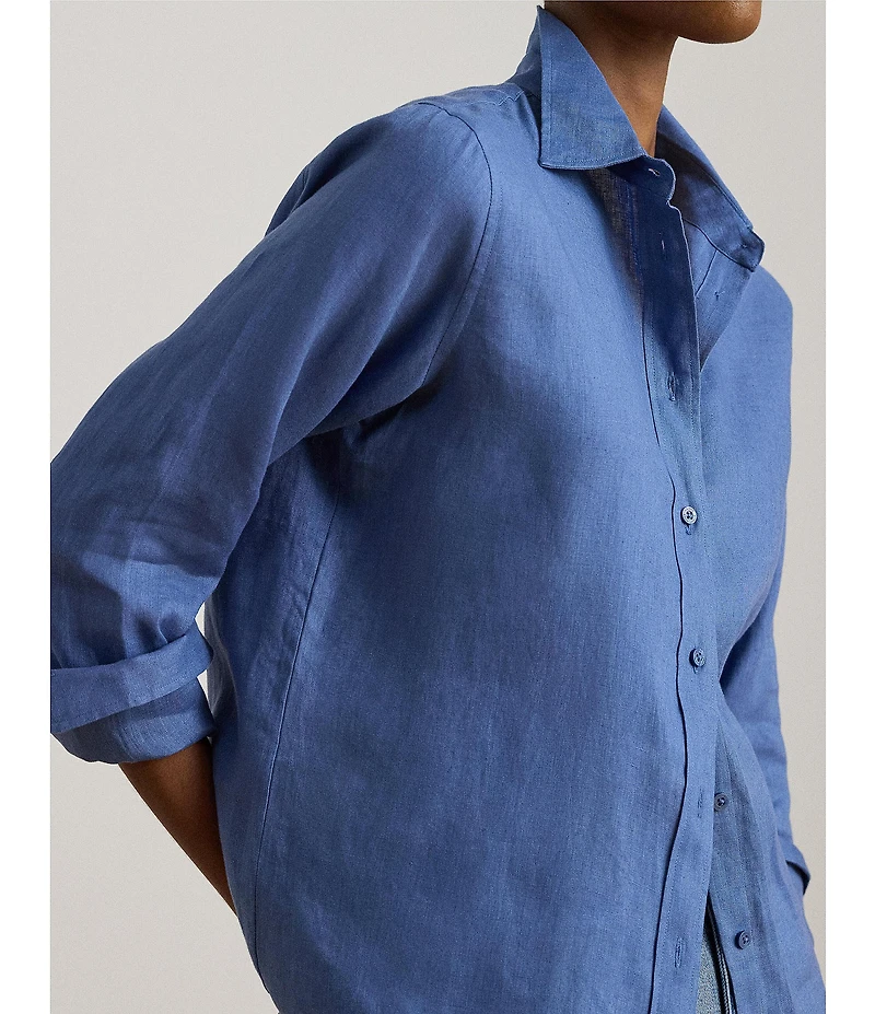 Lauren Ralph Lauren Petite Size Point Collar Long Roll-Tab Sleeve Button Front Linen Shirt