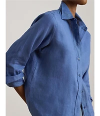 Lauren Ralph Lauren Petite Size Point Collar Long Roll-Tab Sleeve Button Front Linen Shirt
