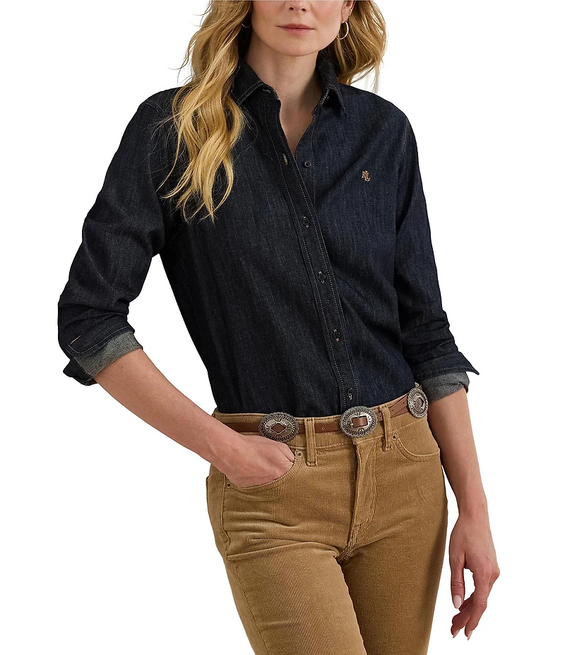 Lauren Ralph Lauren Petite Size Point Collar Long Sleeve Shirttail Hem Button-Front Shirt