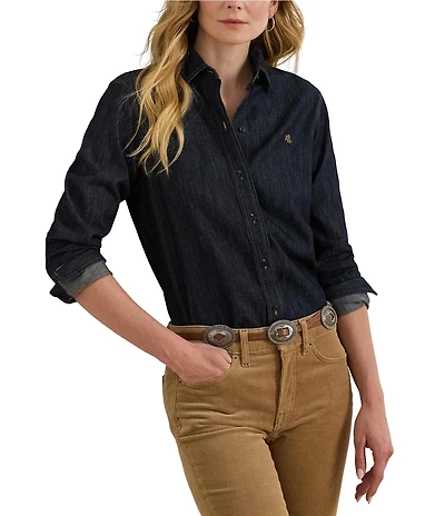 Lauren Ralph Lauren Petite Size Point Collar Long Sleeve Shirttail Hem Button-Front Shirt