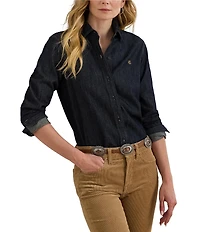 Lauren Ralph Lauren Petite Size Point Collar Long Sleeve Shirttail Hem Button-Front Shirt