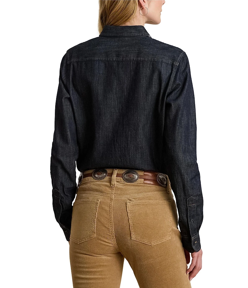 Lauren Ralph Lauren Petite Size Point Collar Long Sleeve Shirttail Hem Button-Front Shirt