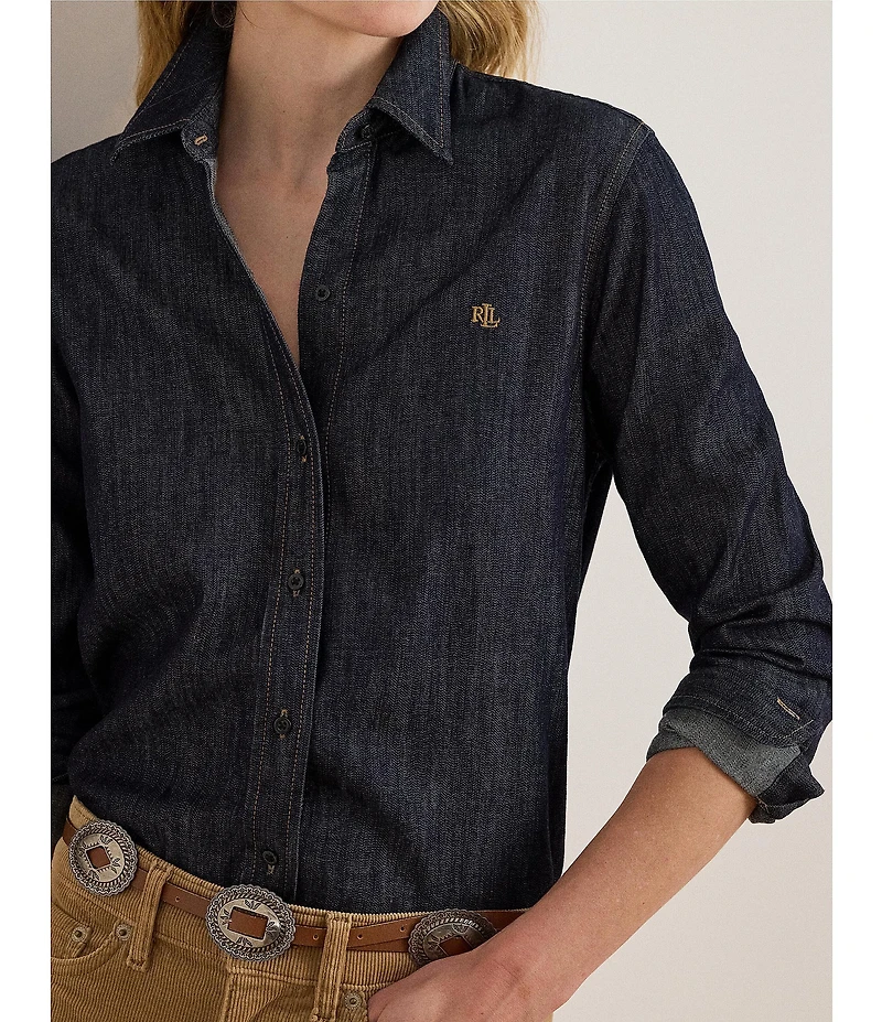 Lauren Ralph Lauren Petite Size Point Collar Long Sleeve Shirttail Hem Button-Front Shirt