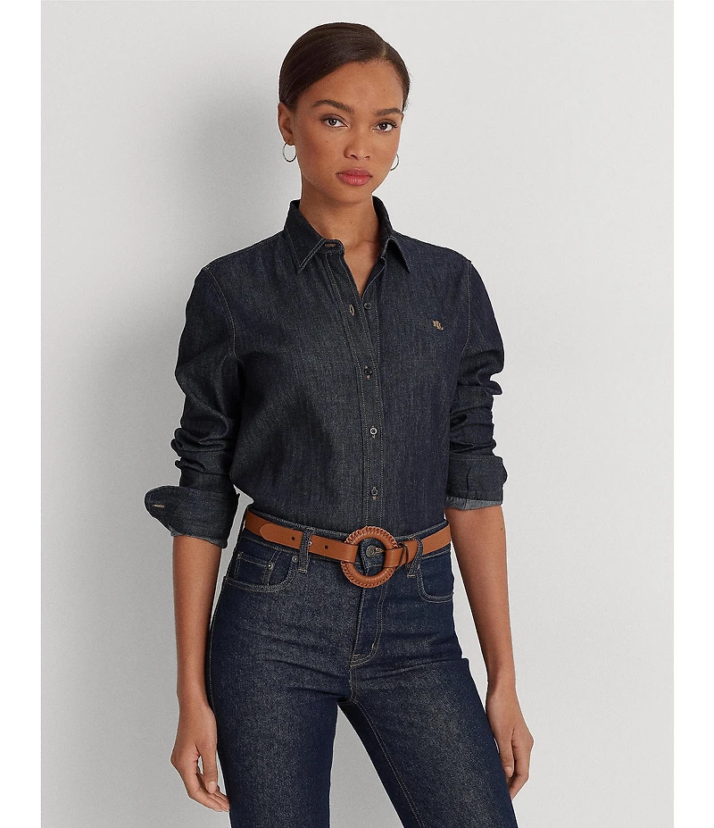 Lauren Ralph Lauren Petite Size Point Collar Long Sleeve Shirttail Hem Button-Front Shirt