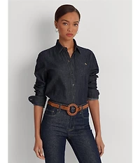 Lauren Ralph Lauren Petite Size Point Collar Long Sleeve Shirttail Hem Button-Front Shirt