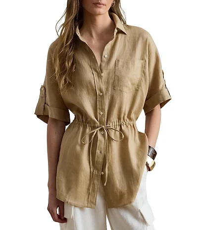 Lauren Ralph Lauren Petite Size Point Collar Short Roll-Tab Sleeve Drawcord Waist Linen Shirt