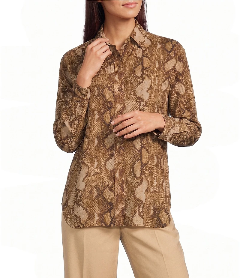 Lauren Ralph Lauren Petite Size Python-Print Georgette Point Collar Long Sleeve Button Front Shirt