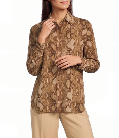 Lauren Ralph Lauren Petite Size Python-Print Georgette Point Collar Long Sleeve Button Front Shirt