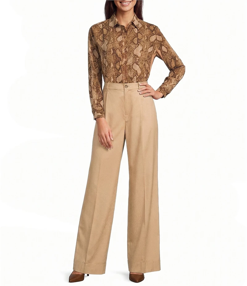 Lauren Ralph Lauren Petite Size Python-Print Georgette Point Collar Long Sleeve Button Front Shirt
