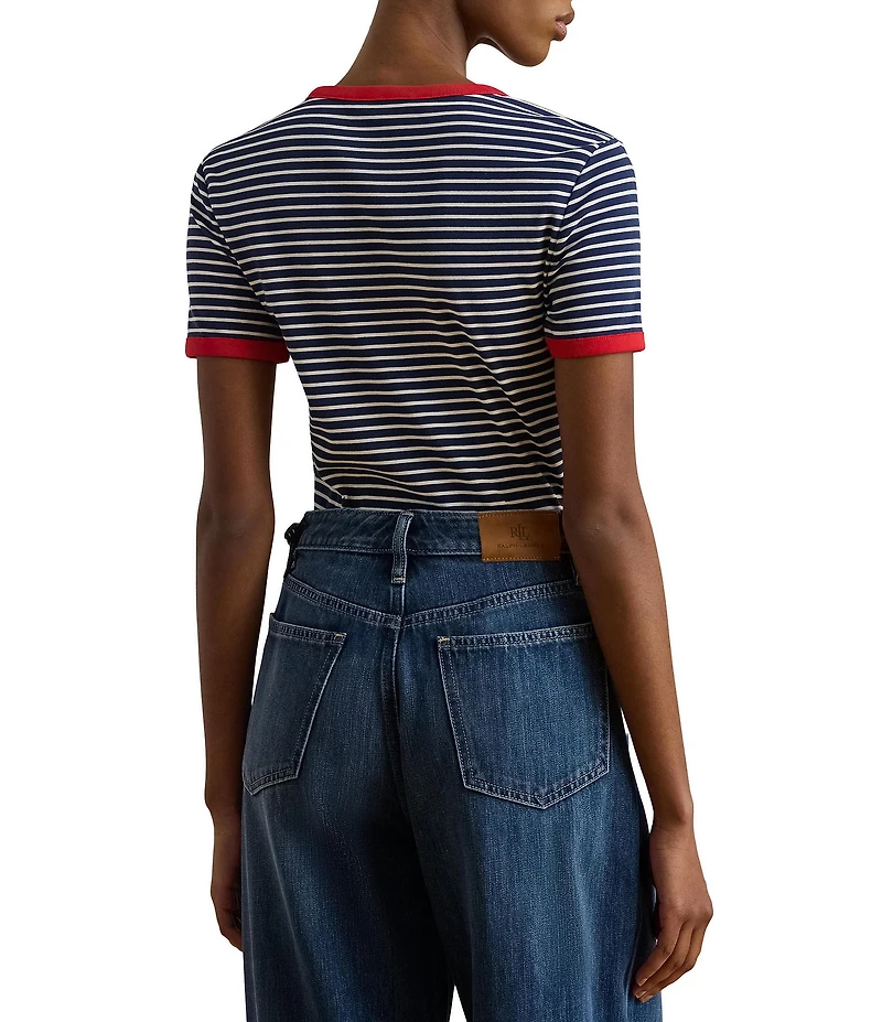 Lauren Ralph Lauren Petite Size Rib Knit Striped Cotton Tee