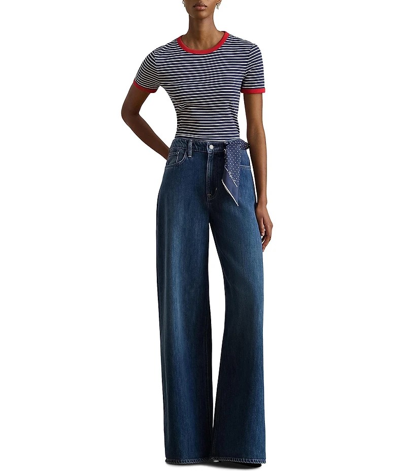 Lauren Ralph Lauren Petite Size Rib Knit Striped Cotton Tee