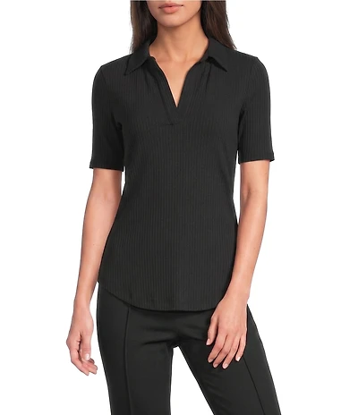 Lauren Ralph Lauren Petite Size Ribbed Knit Johnny Collar Elbow Length Sleeve Polo Tee