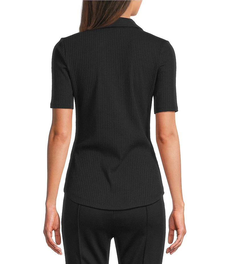 Lauren Ralph Lauren Petite Size Ribbed Knit Johnny Collar Elbow Length Sleeve Polo Tee