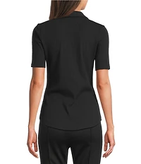 Lauren Ralph Lauren Petite Size Ribbed Knit Johnny Collar Elbow Length Sleeve Polo Tee