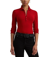 Lauren Ralph Lauren Petite Size Ribbed Knit Point Collar 3/4 Sleeve Polo Shirt