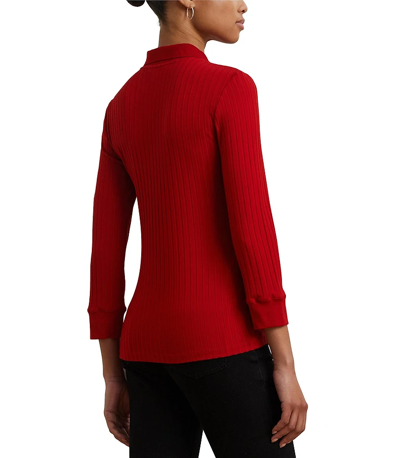 Lauren Ralph Lauren Petite Size Ribbed Knit Point Collar 3/4 Sleeve Polo Shirt