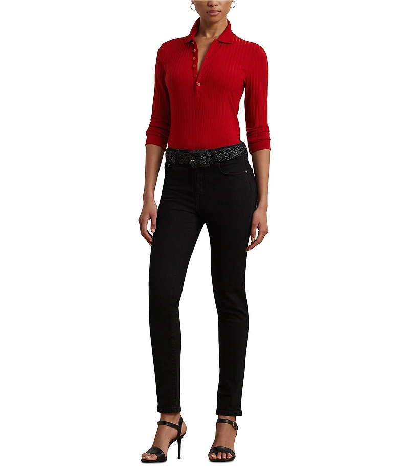 Lauren Ralph Lauren Petite Size Ribbed Knit Point Collar 3/4 Sleeve Polo Shirt