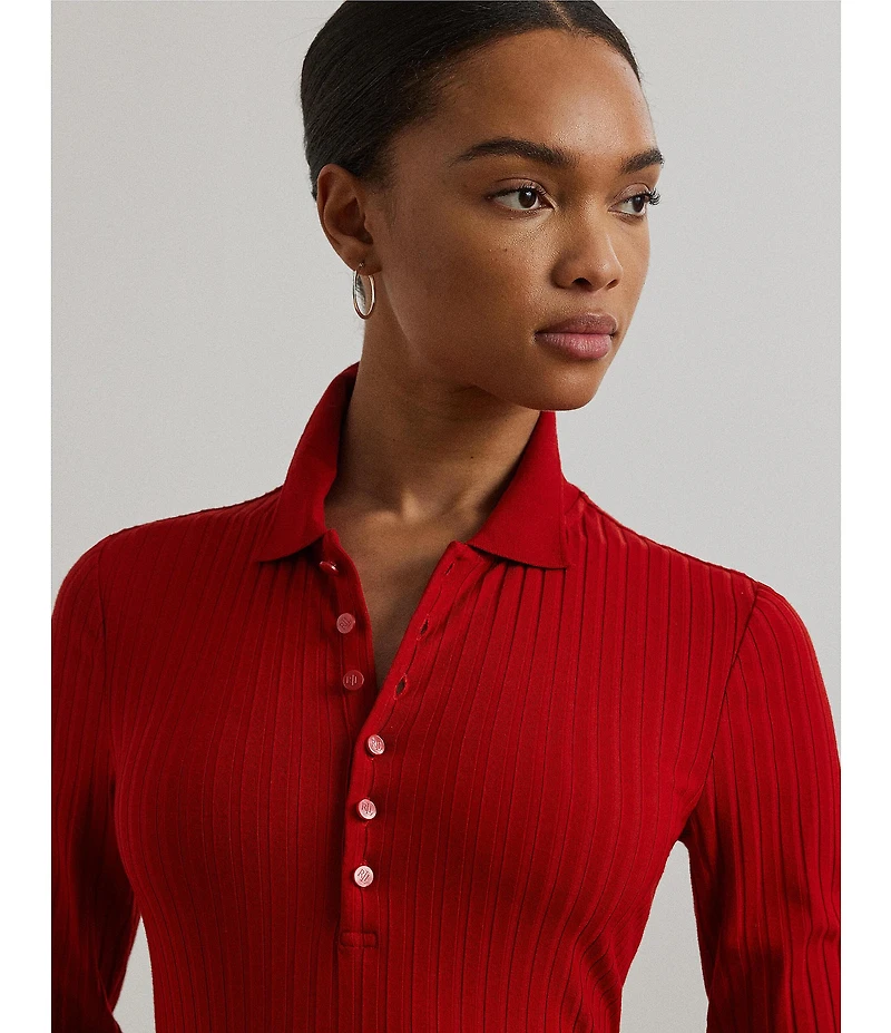 Lauren Ralph Lauren Petite Size Ribbed Knit Point Collar 3/4 Sleeve Polo Shirt