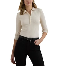 Lauren Ralph Lauren Petite Size Ribbed Knit Point Collar 3/4 Sleeve Polo Shirt
