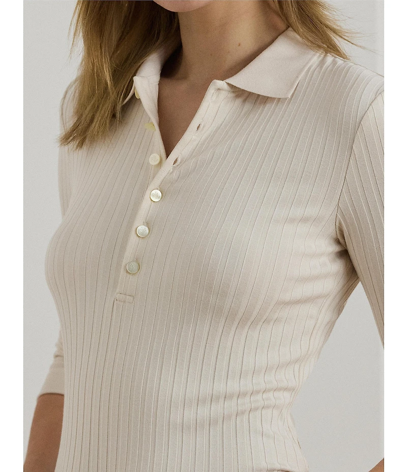 Lauren Ralph Lauren Petite Size Ribbed Knit Point Collar 3/4 Sleeve Polo Shirt