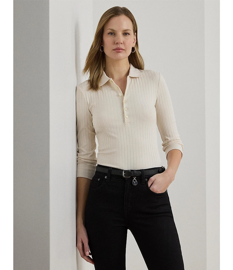 Lauren Ralph Lauren Petite Size Ribbed Knit Point Collar 3/4 Sleeve Polo Shirt