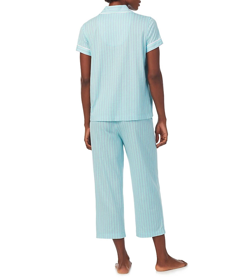 Lauren Ralph Lauren Petite Size Short Sleeve Notch Collar Capri Pant Knit Striped Pajama Set
