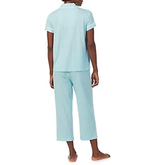 Lauren Ralph Lauren Petite Size Short Sleeve Notch Collar Capri Pant Knit Striped Pajama Set
