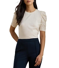 Lauren Ralph Lauren Petite Size Slub Jersey Knit Crew Neck Short Puff Sleeve Top