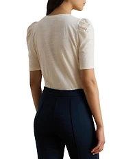 Lauren Ralph Lauren Petite Size Slub Jersey Knit Crew Neck Short Puff Sleeve Top