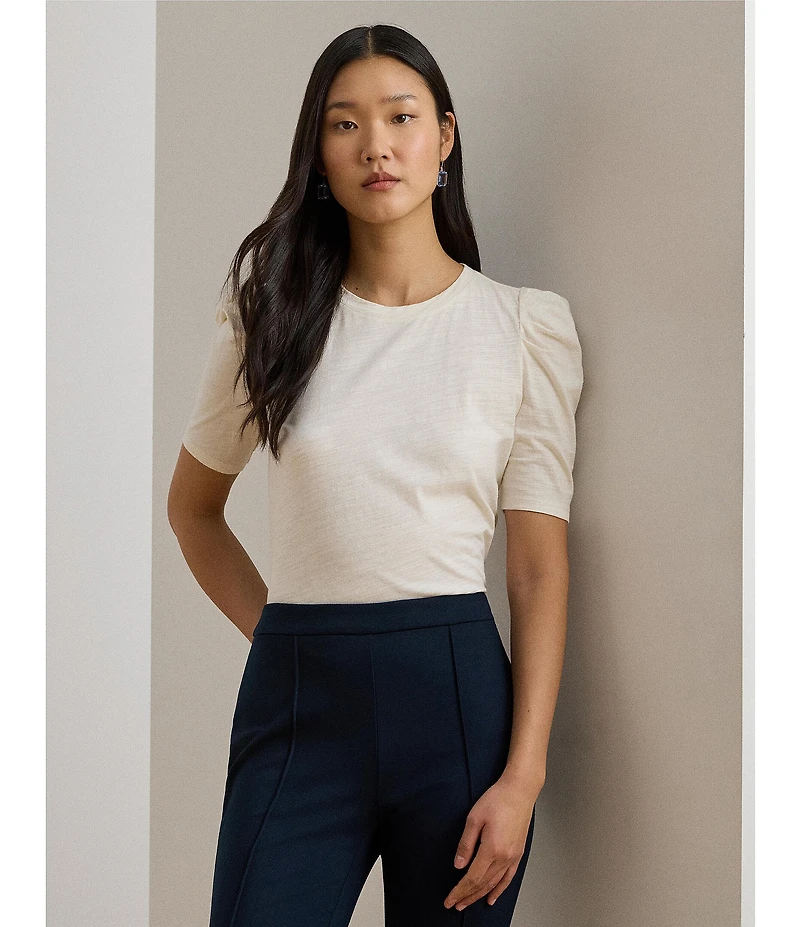 Lauren Ralph Lauren Petite Size Slub Jersey Knit Crew Neck Short Puff Sleeve Top