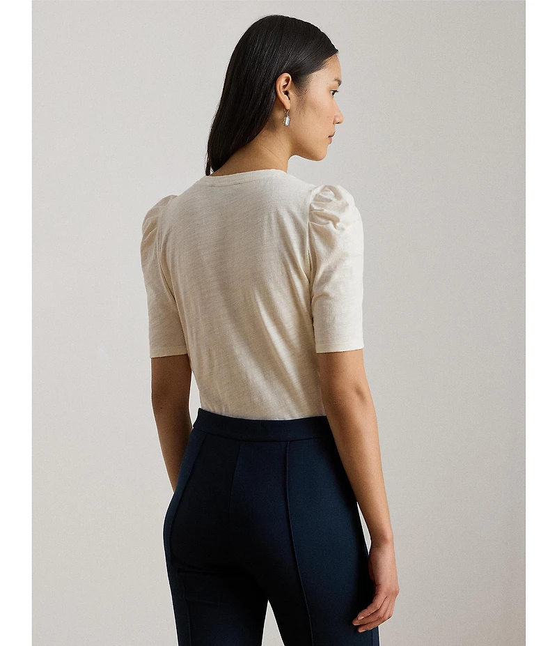 Lauren Ralph Lauren Petite Size Slub Jersey Knit Crew Neck Short Puff Sleeve Top