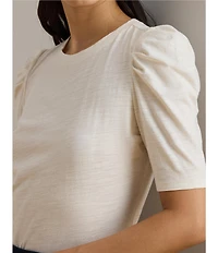 Lauren Ralph Lauren Petite Size Slub Jersey Knit Crew Neck Short Puff Sleeve Top