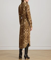 Lauren Ralph Lauren Petite Size Snake Print Georgette Point Collar Long Sleeve Button Front Midi Shirtdress