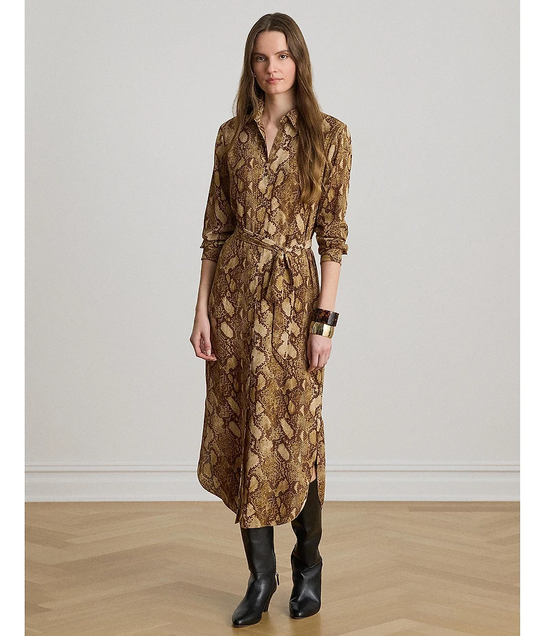 Lauren Ralph Lauren Petite Size Snake Print Georgette Point Collar Long Sleeve Button Front Midi Shirtdress