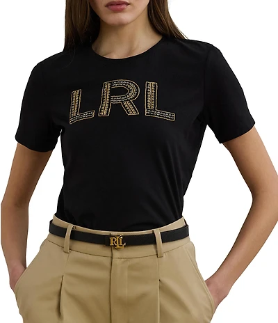 Lauren Ralph Lauren Petite Size Soft Jersey Cotton Crew Neck Short Sleeve Beaded Logo Tee