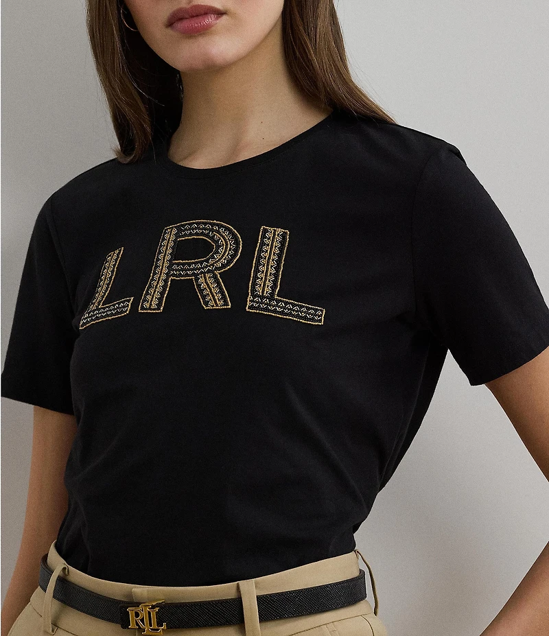 Lauren Ralph Lauren Petite Size Soft Jersey Cotton Crew Neck Short Sleeve Beaded Logo Tee