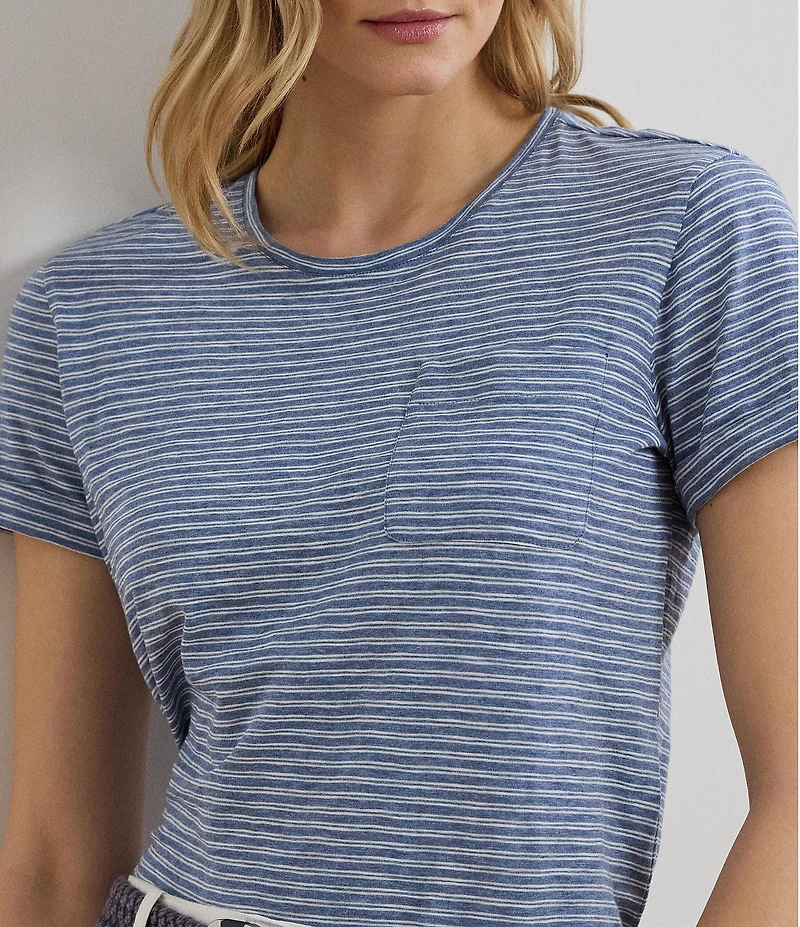 Lauren Ralph Lauren Petite Size Soft Slub Jersey Printed Crew Neck Short Sleeve Pocket Tee